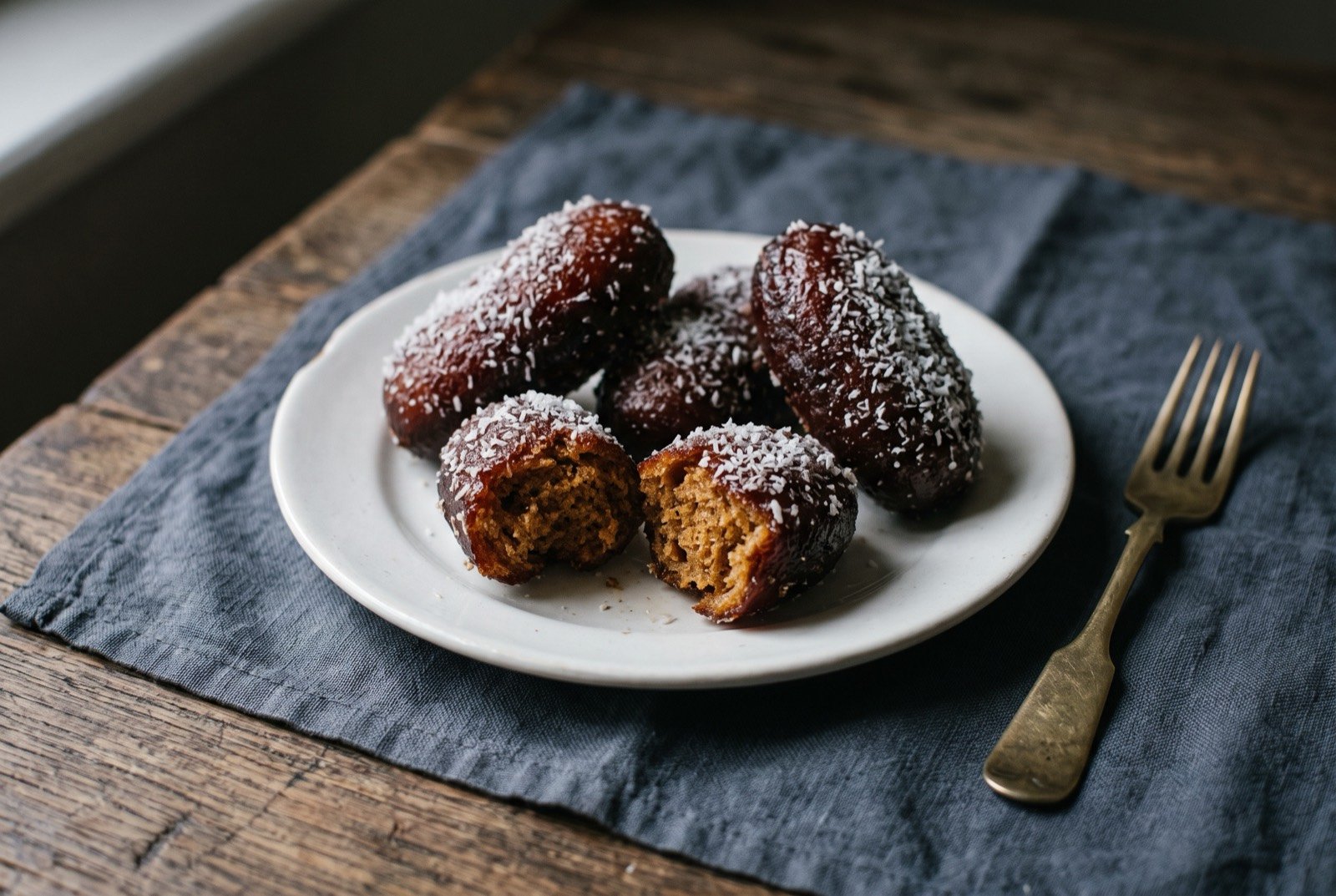 Koesister: plump oblong spiced doughnuts, deep reddish brown and soaked through with cinnamon syrup so that they glisten darkly, rolled all over in fine white desiccated coconut that clings unevenly.