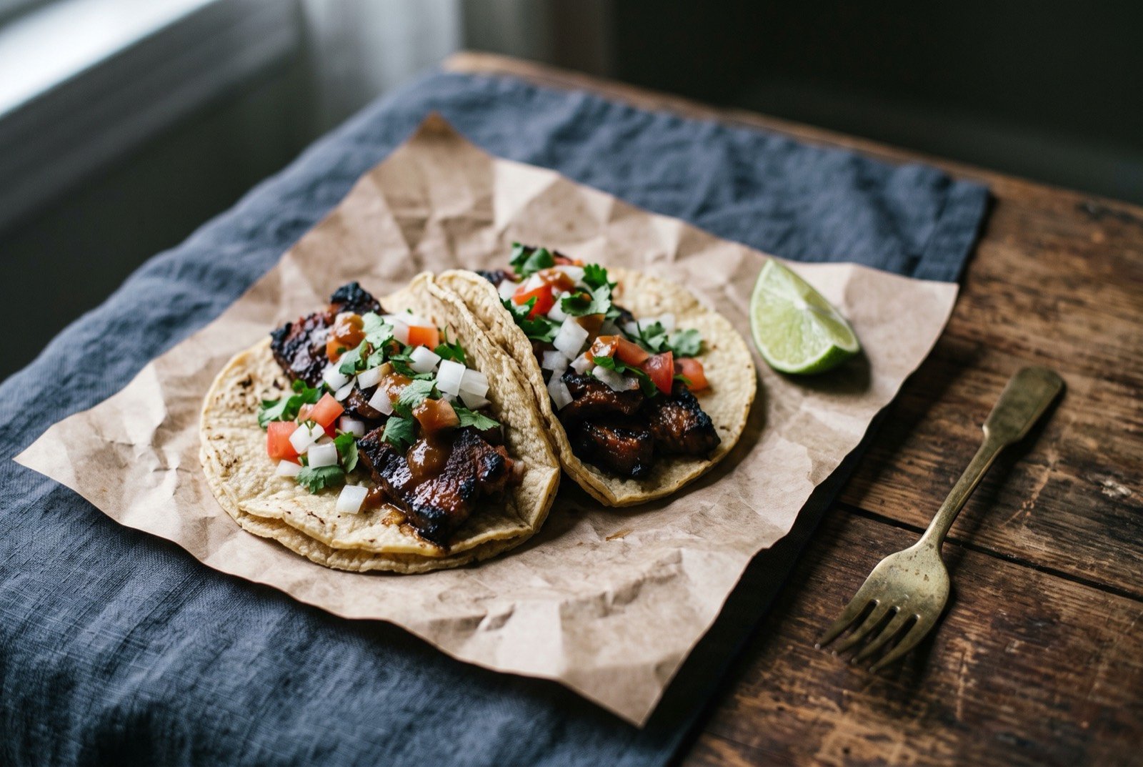 Kogi-style Korean short rib taco, marinated short rib on doubled corn tortillas: two small doubled corn tortillas filled with dark caramelised short rib pieces, scattered with diced onion, tomato and cilantro.