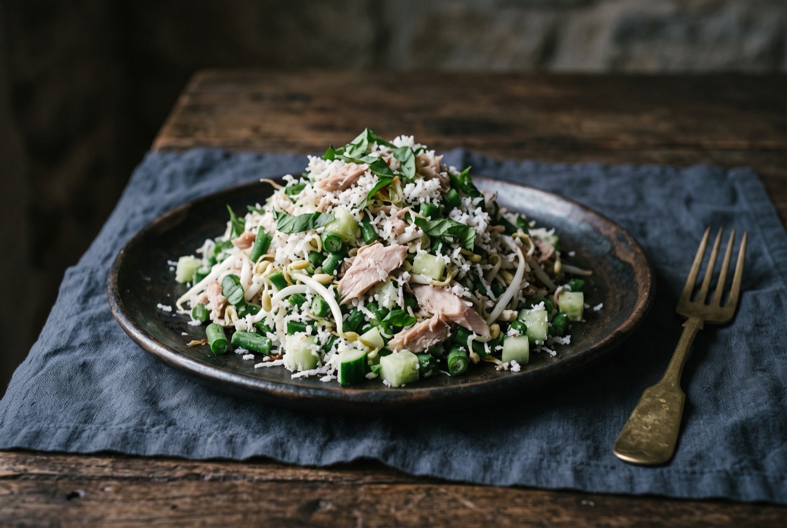 Kohu-kohu, an Ambonese salad of grated coconut, raw and blanched vegetables and flaked fish: a loose, pale mound of grated coconut mixed with cucumber, beansprouts and long bean, flecks of flaked pale fish and torn basil leaves scattered through it.