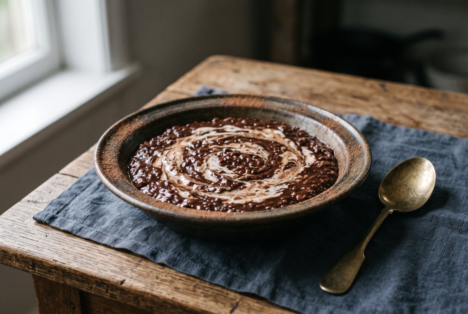 Koko alaisa, Samoan cacao rice porridge: a thick, dark brown rice porridge in a wide dark bowl, its surface glossy with coconut cream swirled through in pale streaks.