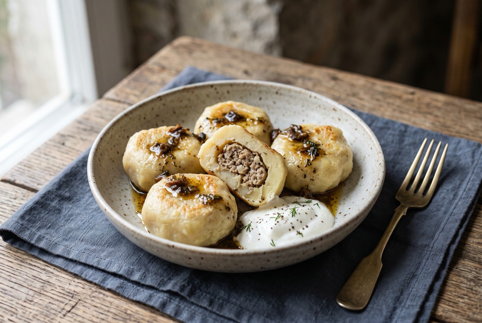 Kolduny, thick potato dumplings filled with minced pork, steamed and finished with soured cream and mushroom oil: five plump, pale golden potato dumplings arranged in a shallow bowl, noticeably thicker and rounder than a flat pancake.