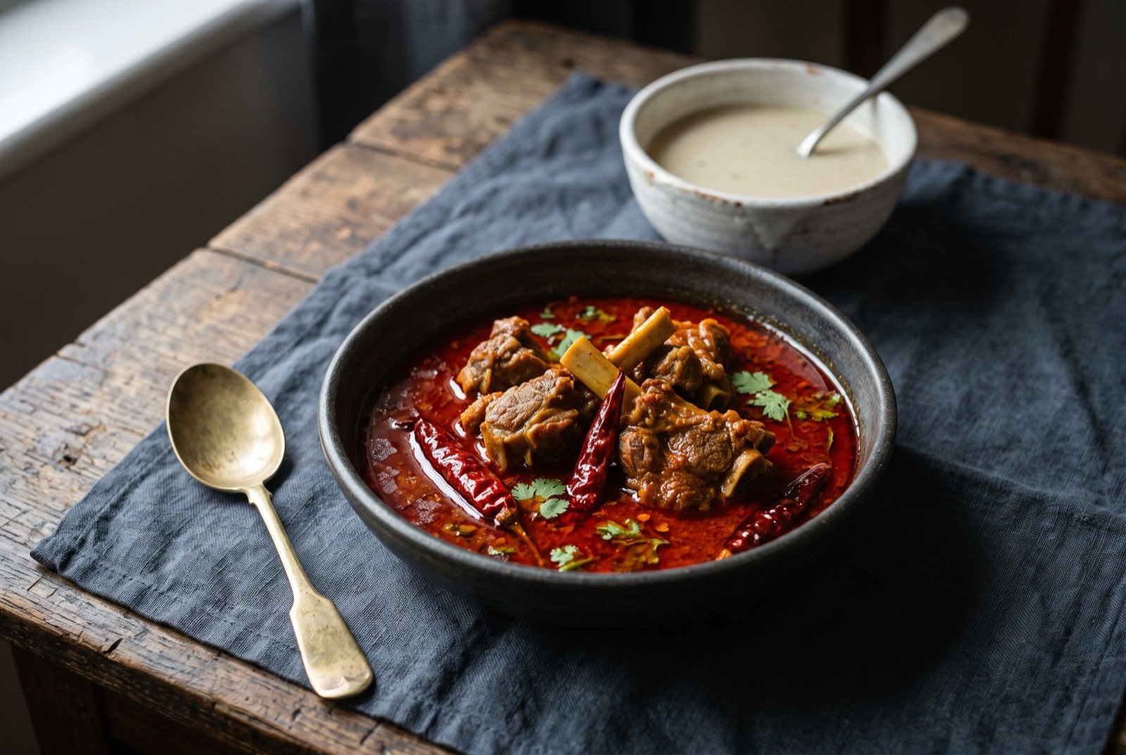 Kolhapuri mutton, a fierce red chilli meat curry: bone-in mutton pieces in a thick, deep brick-red gravy flecked with coconut, the surface slicked with red oil, intensely coloured.