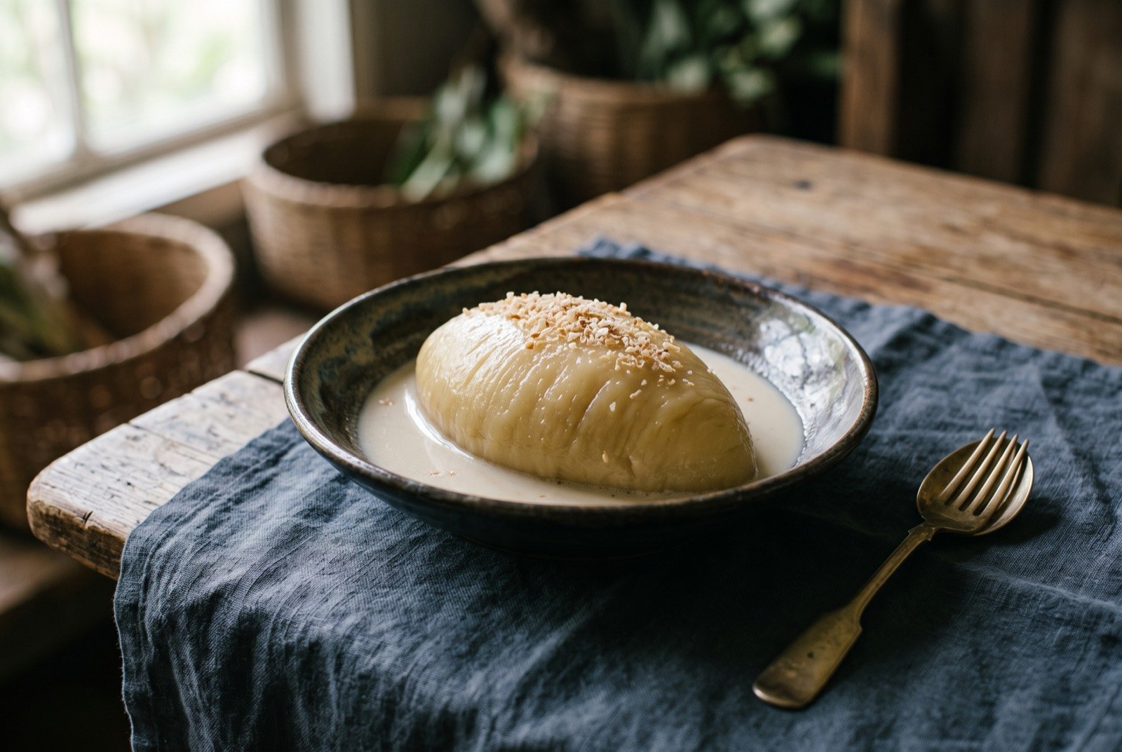 Kon, Chuuk's breadfruit boiled and pounded to a smooth, elastic paste: a smooth, glossy, pale golden quenelle of pounded breadfruit sitting in a shallow pool of coconut milk, its surface stretched and slightly ridged from pounding.