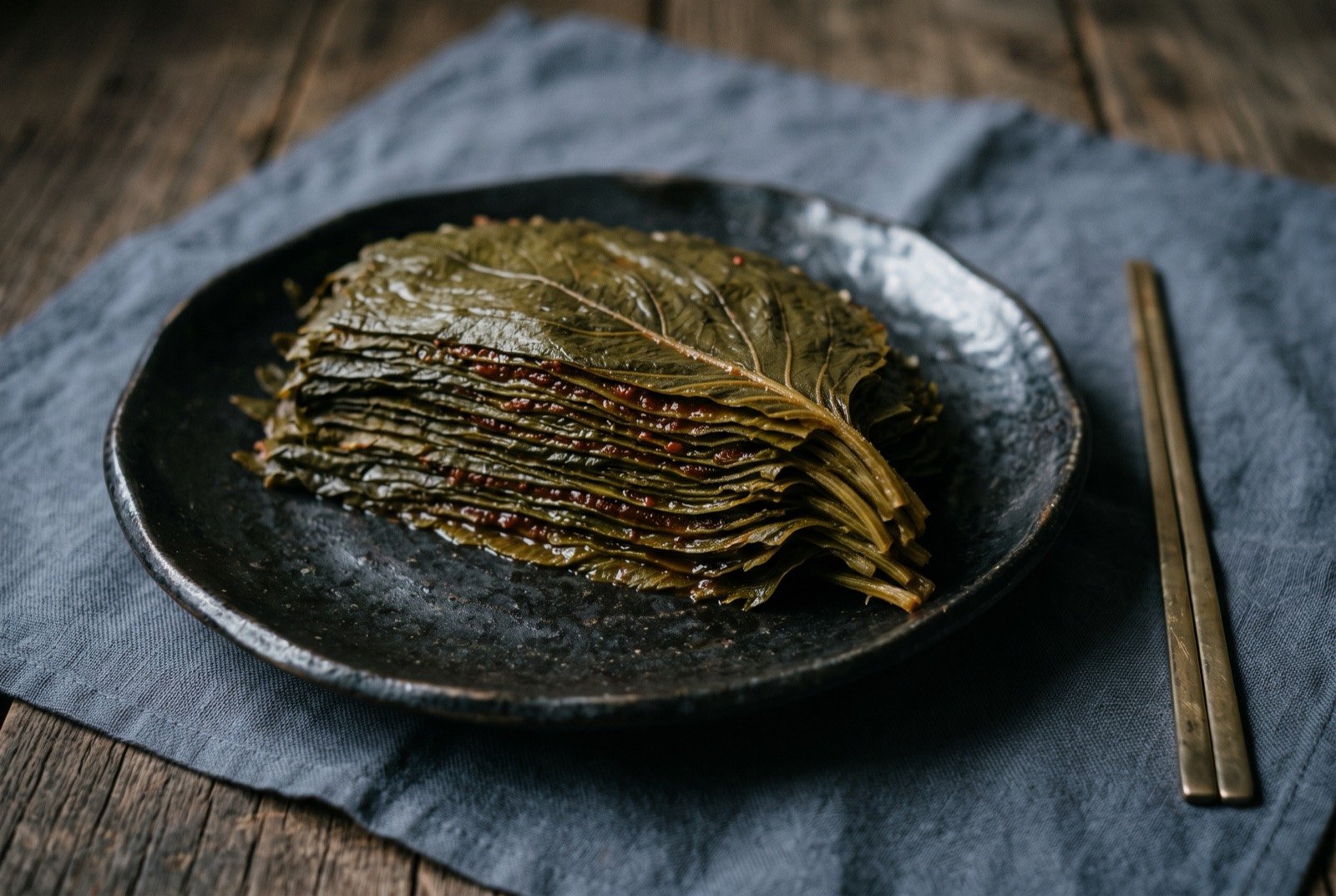 Kongip-kimchi, Gyeongsang's soybean leaf kimchi layered and cured for a month: a small stack of flat, dark olive soybean leaves layered with a thin red-brown seasoning paste visible between each leaf.