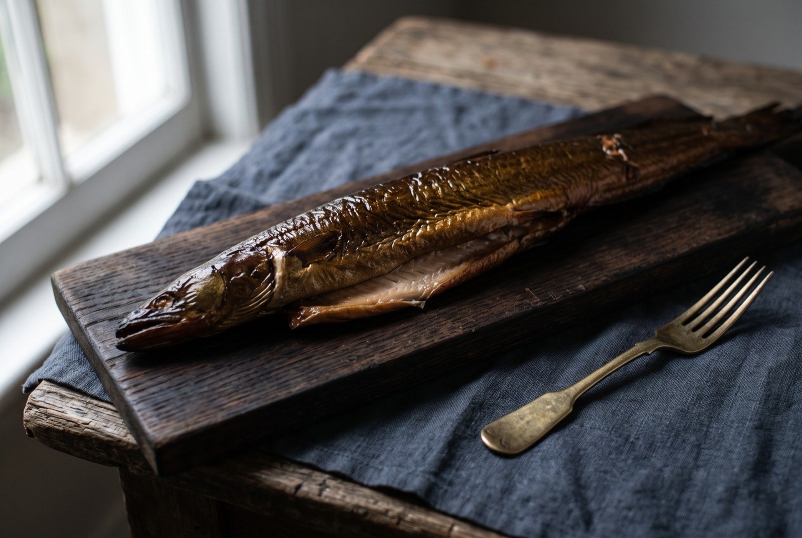 Kooyang, Budj Bim smoked eel from the world's oldest known aquaculture system: a whole smoked eel with deep bronze, glossy skin laid on a dark wooden board, its flesh split slightly at one point to reveal pale.