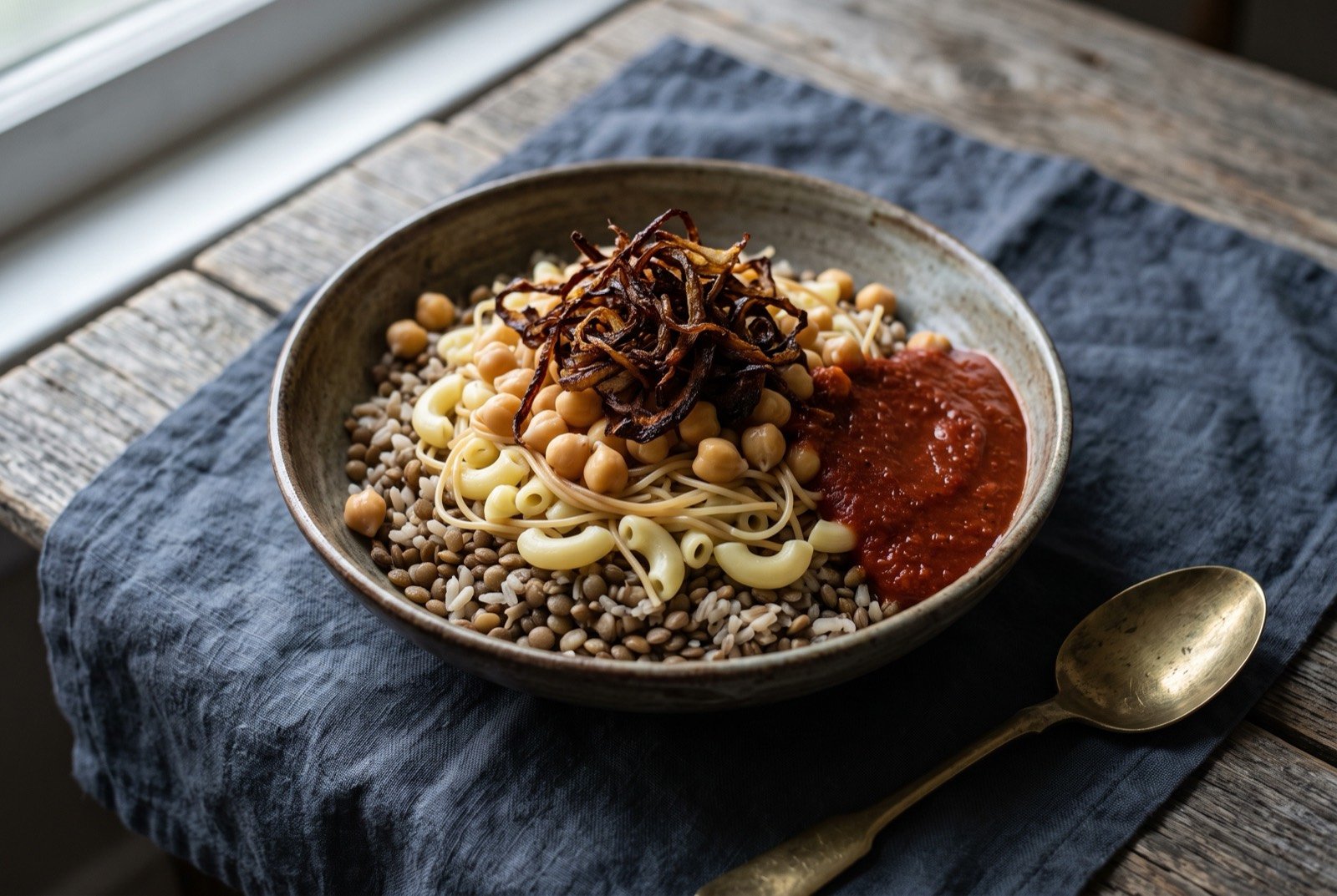 Koshari: A deep bowl layered and visible from the side: brown lentils and short grain rice at the base, elbow macaroni and thin vermicelli above.