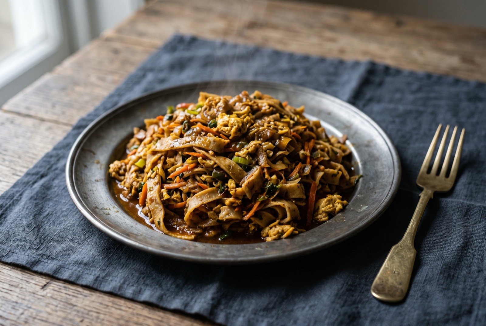 Kottu roti, chopped flatbread stir-fried with egg, vegetables and curry gravy: a loose, glistening mound of chopped, ribbon-like flatbread strips tossed with scrambled egg, shredded carrot and onion.