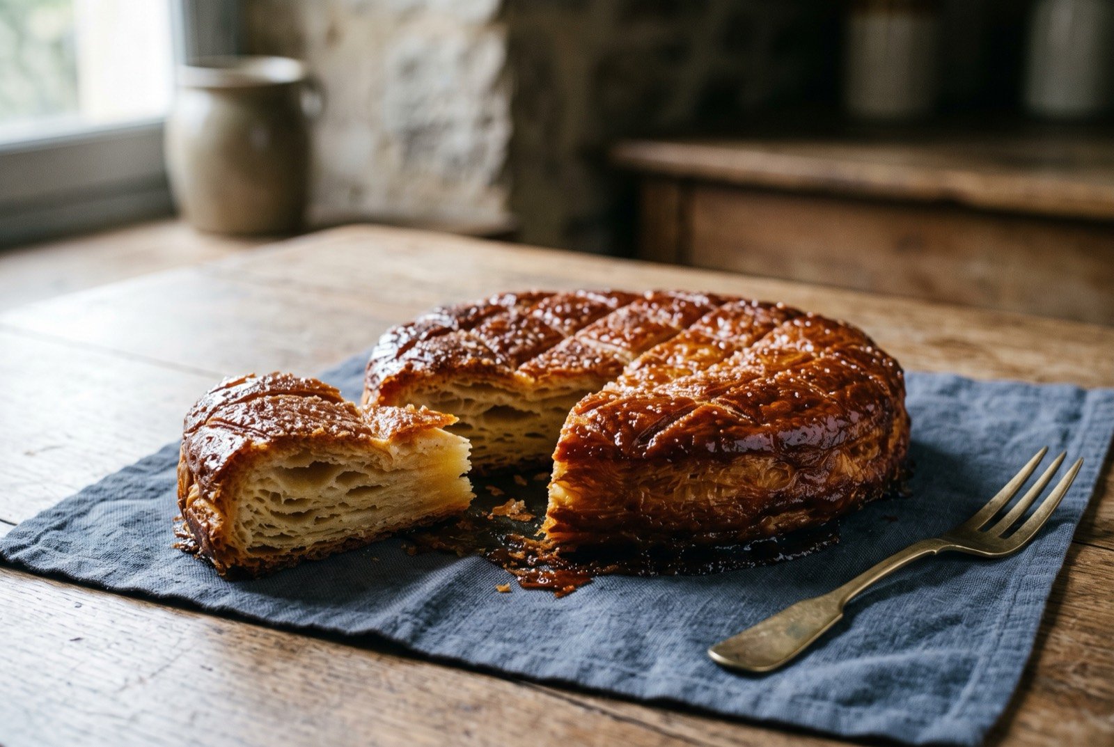 Kouign-amann, a laminated Breton pastry caramelised with butter and sugar: a round, deeply caramelised pastry with a glossy dark amber sugar crust scored in a diamond pattern, its edges flaking into visible buttery layers.