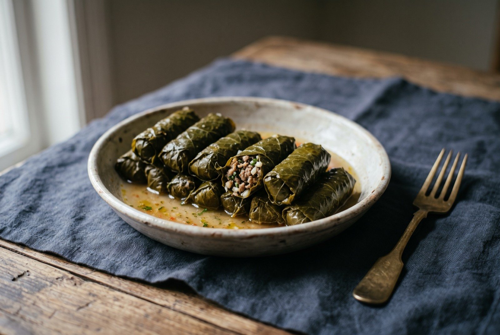 Koupepia, Cyprus's own stuffed vine leaves filled with minced meat and rice: a tight cluster of small dark green vine leaf rolls arranged on a plate, glistening lightly with oil, one roll sliced open to reveal a filling of rice mixed with minced meat.