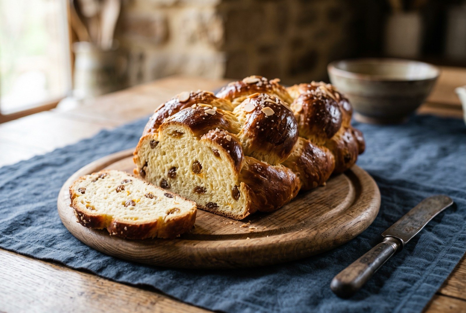Kozunak, a Bulgarian plaited sweet Easter bread: a tall plaited loaf of golden brown enriched bread with a deep glossy egg wash sheen, one end sliced to reveal a soft pale yellow crumb studded with raisins.