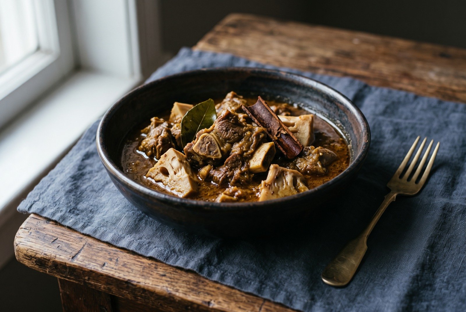 Kuah beulangong, goat and young jackfruit in a rich spiced gulai: chunks of bone-in goat and pale young jackfruit sitting in a deep bowl of thick, brown spiced gravy, a curry leaf and a shard of cinnamon bark visible at the surface.