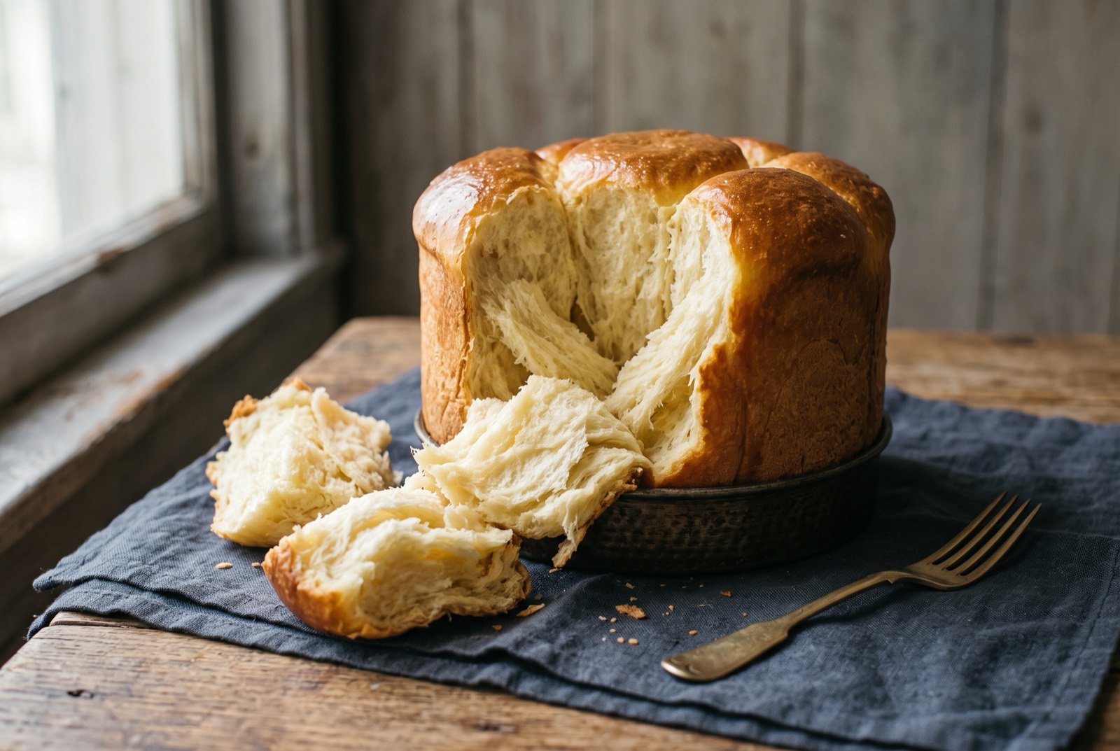 Kubaneh, Israel's overnight Yemenite pull-apart Shabbat bread: a tall, golden brown pull-apart kubaneh bread pulled open to show its soft, buttery interior layers, torn pieces resting beside the whole loaf.