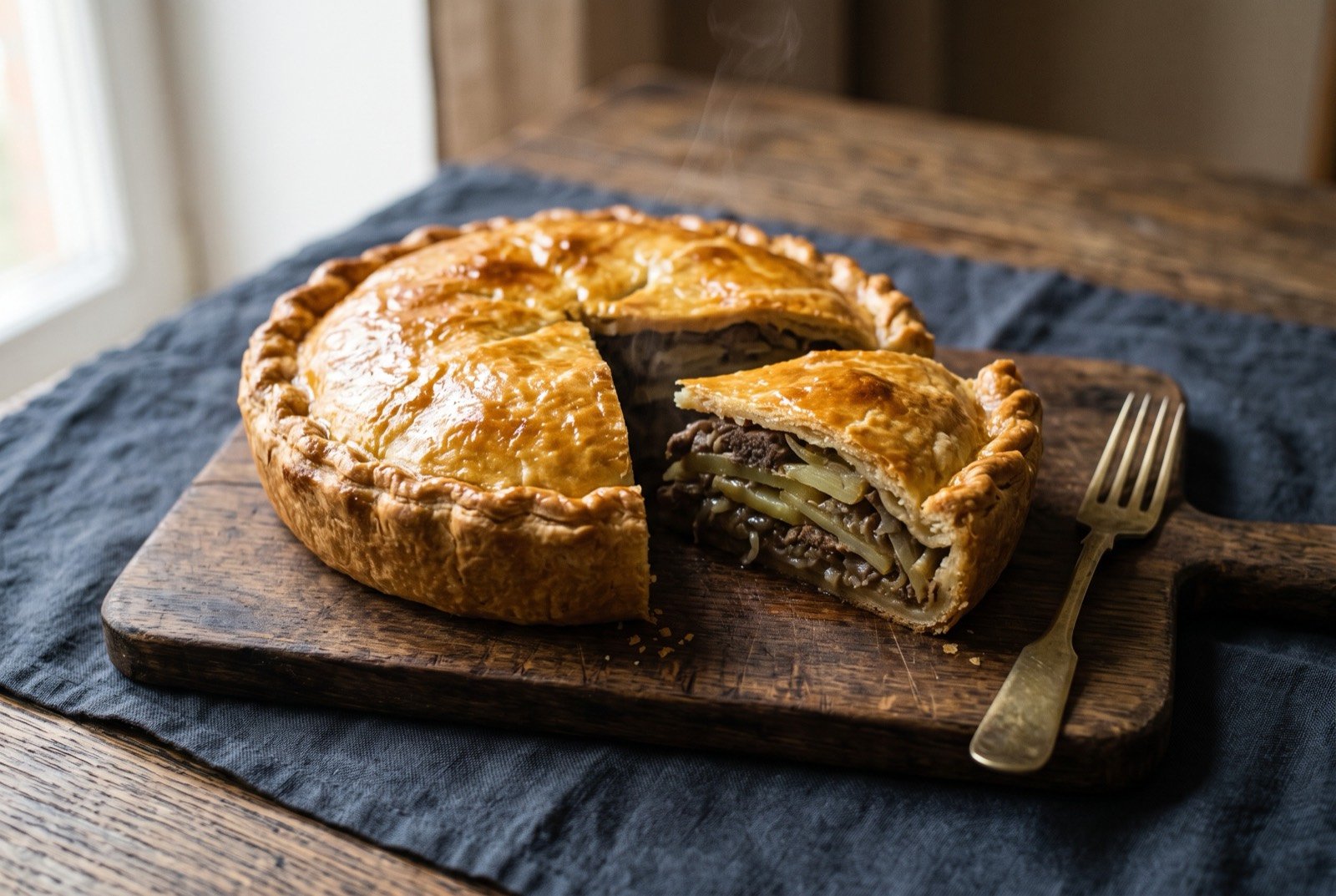 Kubete, a whole baked pie of layered lamb, potato and onion sealed in a golden pastry crust: a round, deep golden brown pie with a domed, glossy, butter-brushed crust, a single wedge cut and lifted slightly away from the whole to reveal distinct layers of pale diced potato.