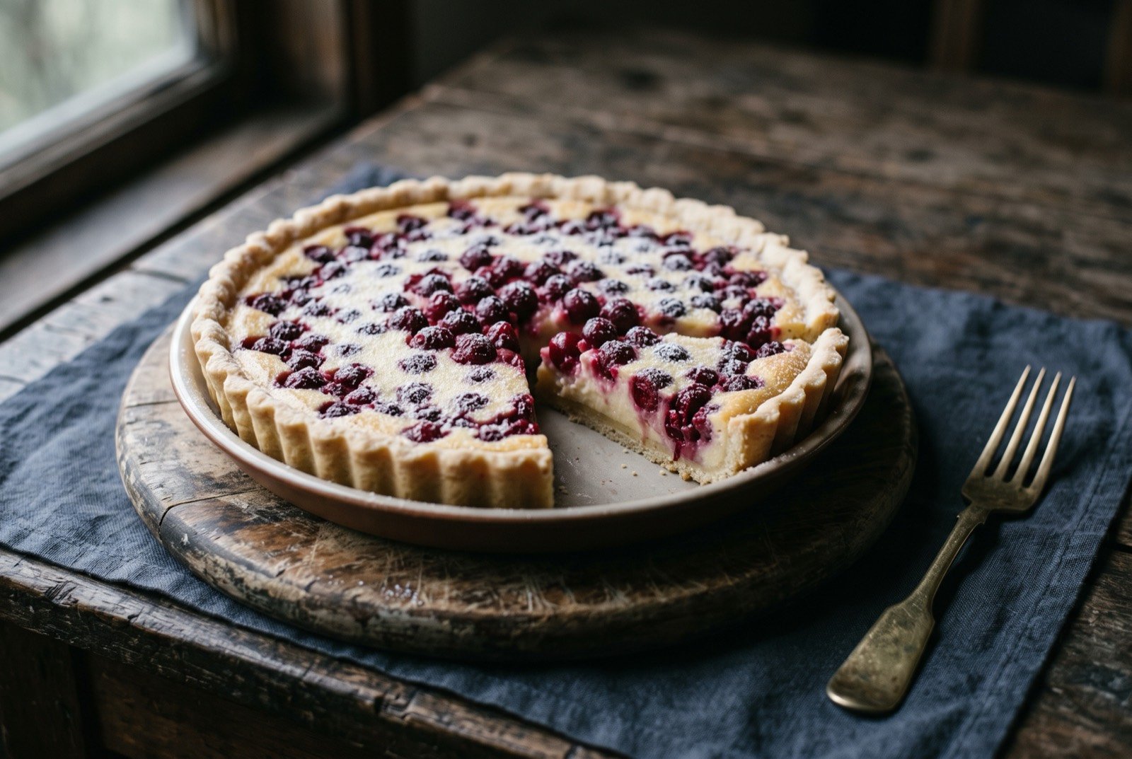 Kuchen, a German-Chilean fruit tart with a low pastry base and cream: a round tart with a low, pale golden pastry rim, the surface covered in dark purple murtilla berries and a few raspberries set into a pale creamy custard.