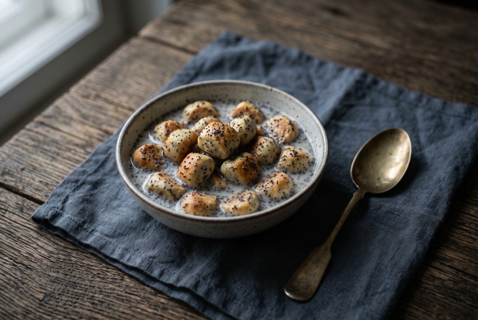 Kūčiukai soaked in aguonpienis, small poppy seed buns in poppy seed milk, the Lithuanian Christmas Eve fast dish: small pale golden brown buns sitting half submerged in a shallow bowl of cloudy greyish white poppy seed milk, a scatter of whole dark poppy seeds visible across the buns and floating on the milk's surface.