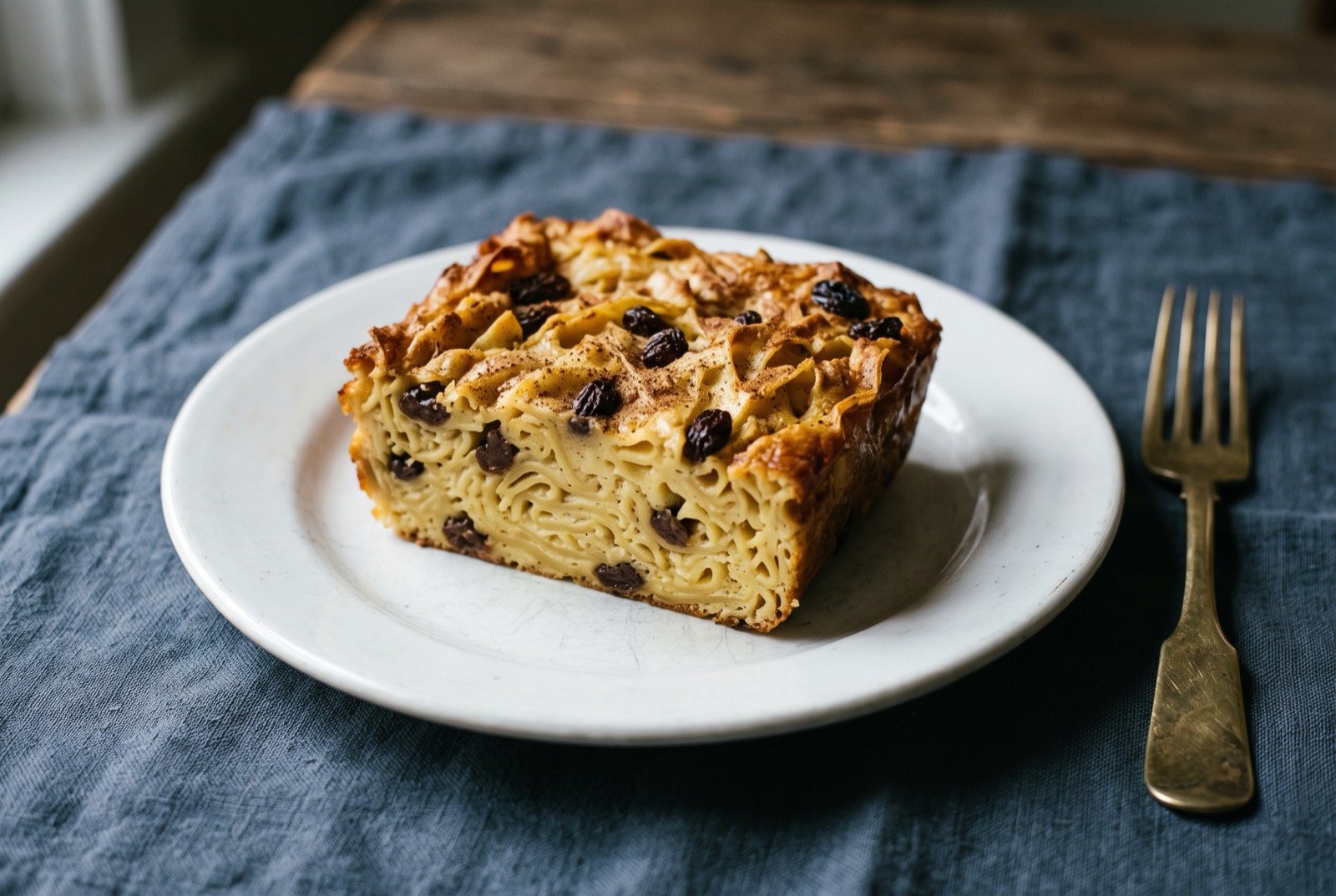 Kugel, a sweet baked noodle pudding with raisins and cinnamon: a rectangular slice of golden baked noodle pudding, its top deeply browned and slightly crisped, raisins visible throughout the set custard like interior.