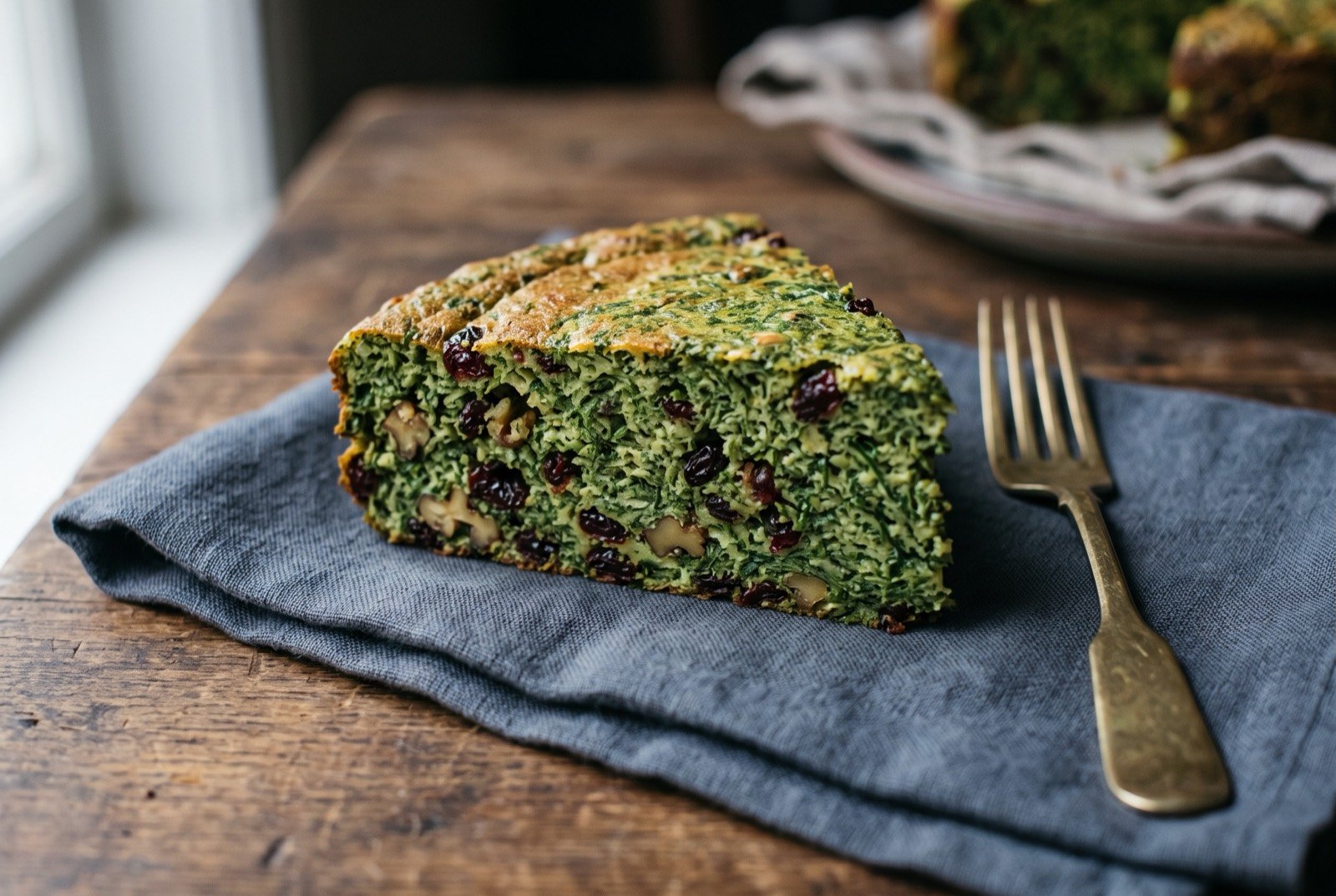 Kuku sabzi, a thick herb and walnut frittata set with egg and studded with barberries: a thick wedge of deep green herb frittata cut from a round, its surface flecked with chopped walnut and dotted with small ruby red barberries.