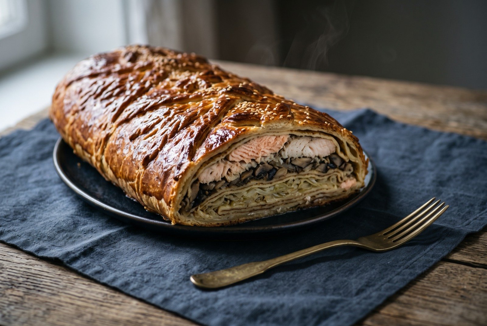 Kulebyaka, a large layered pie of fish, mushroom and cabbage separated by thin blini: a long golden brown oval pie with a deeply glazed, burnished pastry crust, one end cut away to reveal distinct horizontal layers.