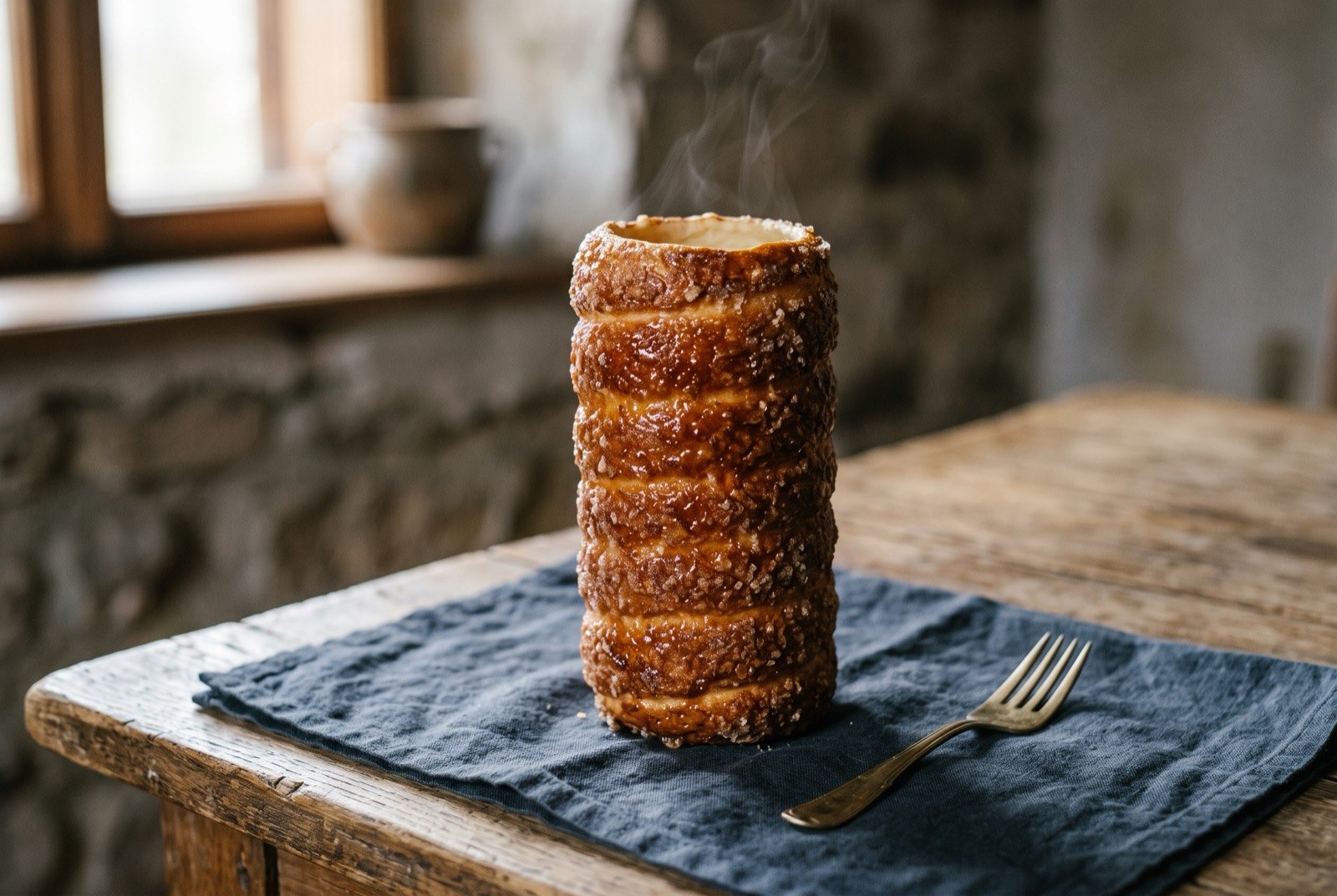 Kürtőskalács, a Transylvanian spit-baked sugar-crusted pastry: a hollow golden brown cylinder of ribbed pastry with a deeply caramelised, glossy crackled sugar shell, standing upright on its end.