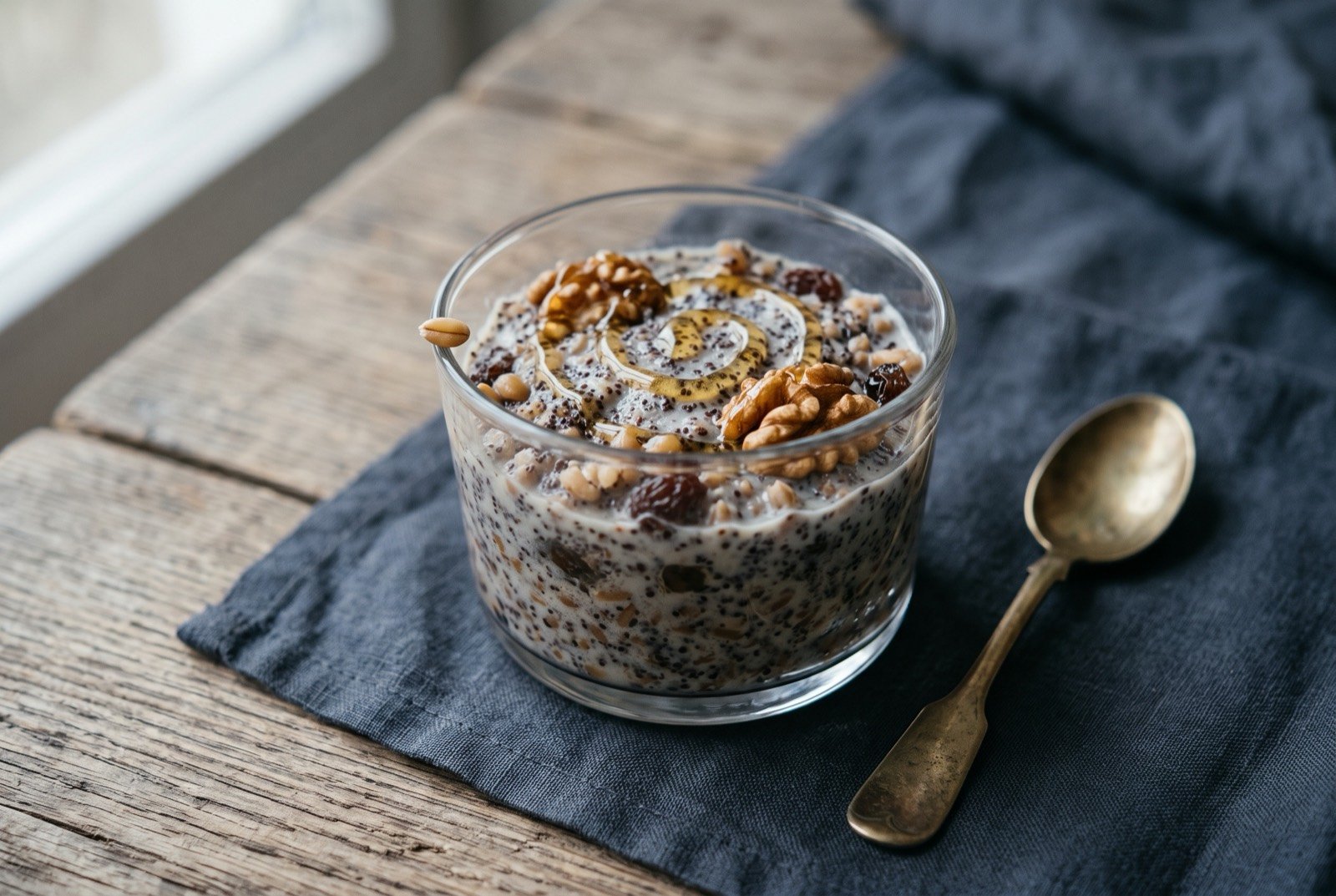 Kutia, a Christmas Eve dish of wheat berries, poppy seed and honey, served chilled in a small glass: a small clear glass filled with a pale, speckled mixture of soft wheat berries suspended in a milky grey poppy seed cream.