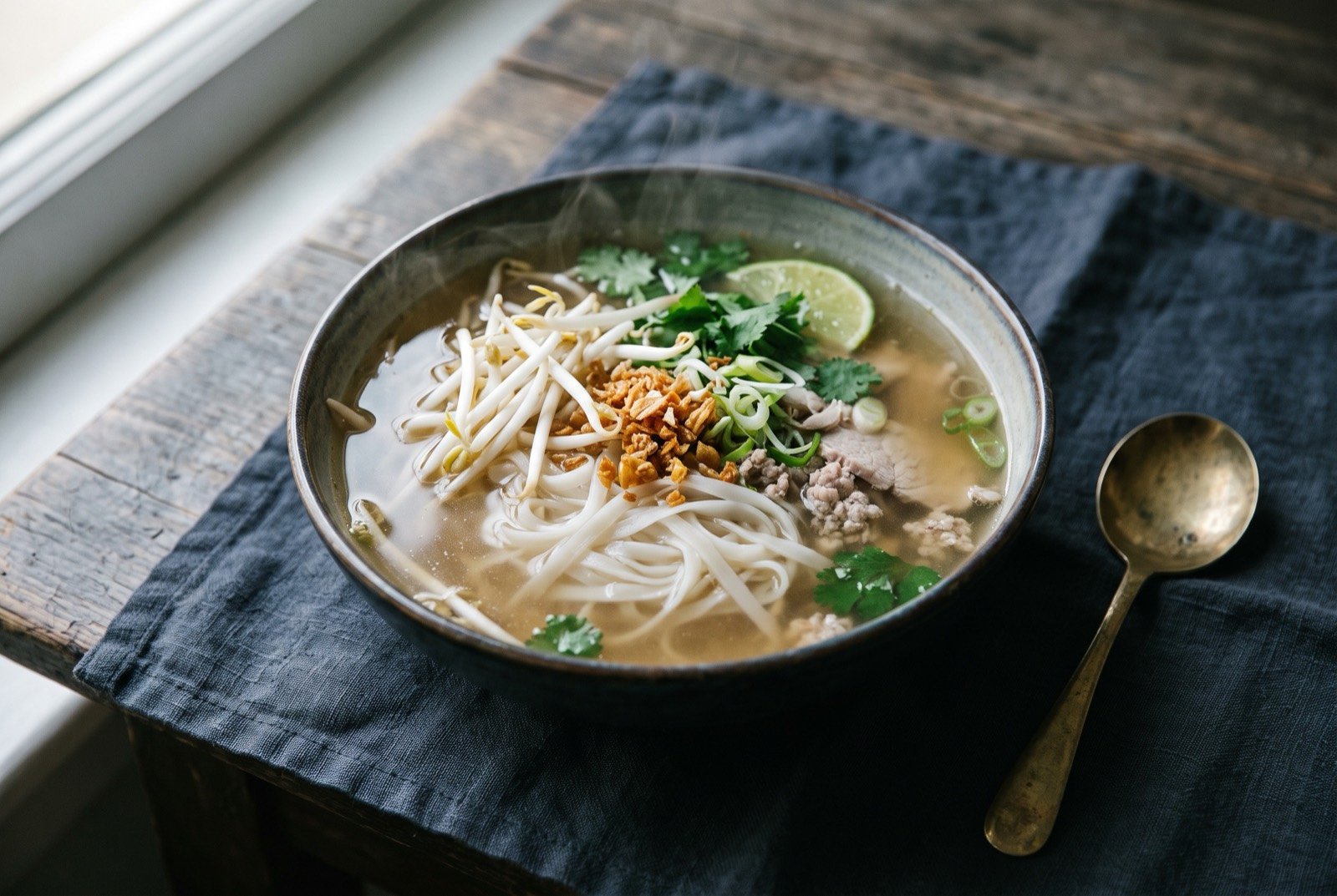 Kuy teav, a clear pork bone broth over flat rice noodles with bean sprouts and fried garlic: a deep bowl of clear pale amber broth over a tangle of flat white rice noodles, crisp bean sprouts and golden fried garlic scattered across the surface.