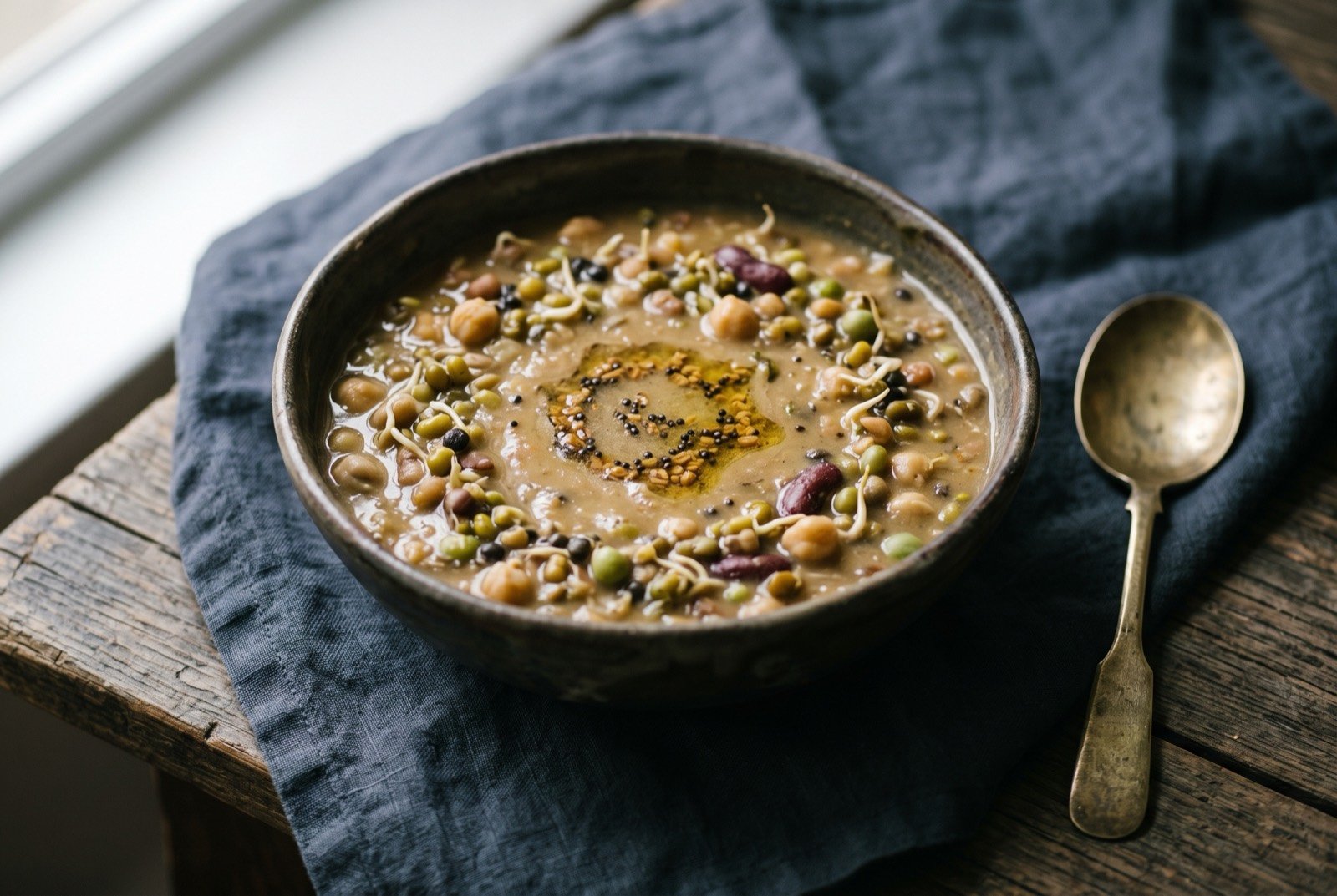 Kwati, a thick soup of nine sprouted beans finished with a fenugreek tempering: a deep bowl of thick, pale brown soup dense with visibly different sprouted beans and pulses breaking its surface, a faint golden sheen of tempered ghee pooling at the centre.