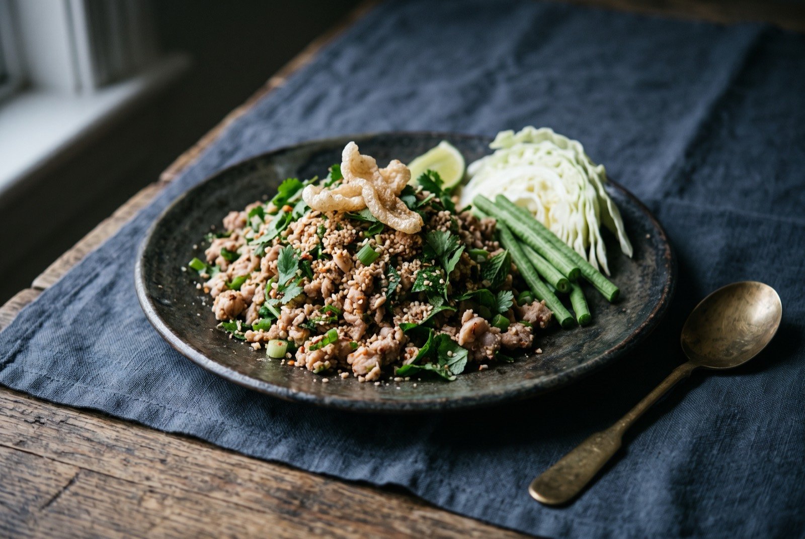 Laab, minced pork tossed with toasted rice powder, lime and fresh herbs: a shallow mound of finely chopped pork flecked with pale toasted rice powder and torn coriander and mint, a few crisp shards of pork skin resting on top.