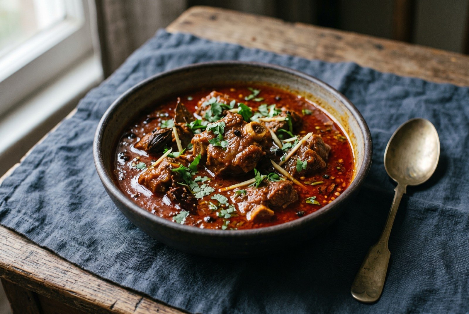 Laal maas, mutton braised in a Mathania chilli and yoghurt gravy: a shallow bowl of deep brick-red mutton curry, chunks of meat glossy in a thick reduced gravy flecked with whole spice, a scatter of chopped coriander across the surface.