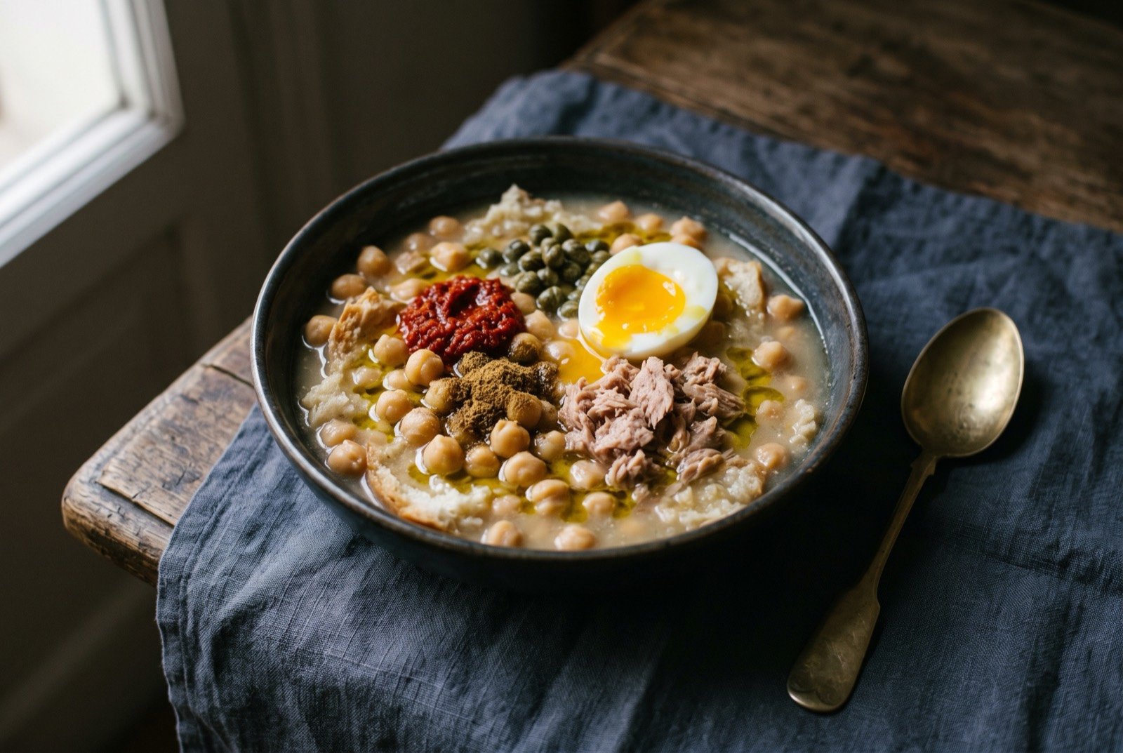 Lablabi: A deep bowl of torn stale bread submerged under chickpeas and their cloudy pale broth, topped in a ring: a red spoonful of harissa.