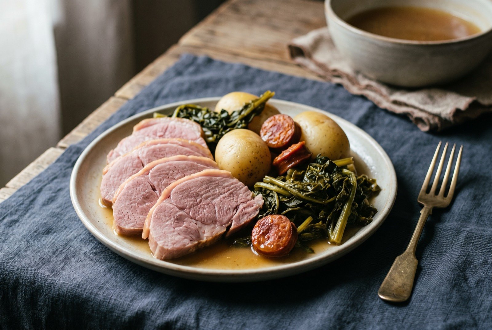 Lacón con grelos, cured pork foreleg with turnip tops, potato and chorizo: thick pale pink slices of cured pork foreleg fanned across a plate beside whole boiled potatoes, dark wilted turnip tops and rounds of glistening smoked chorizo.