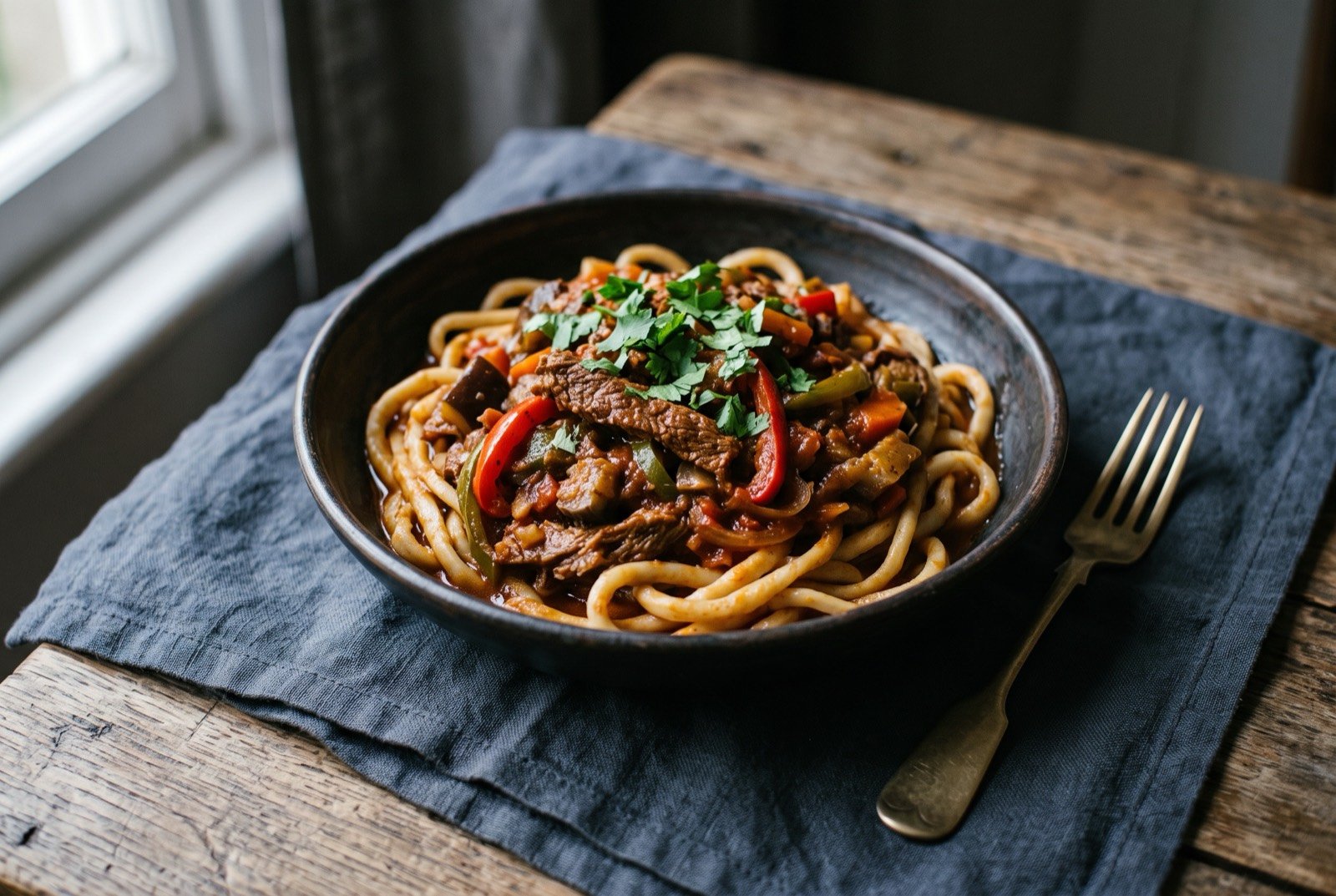 Laghman, hand-pulled noodles in a rich vegetable and beef sauce: thick, irregular hand-pulled noodles heaped in a dark bowl, coated in a deep red-brown sauce thick with strips of beef, sliced pepper.