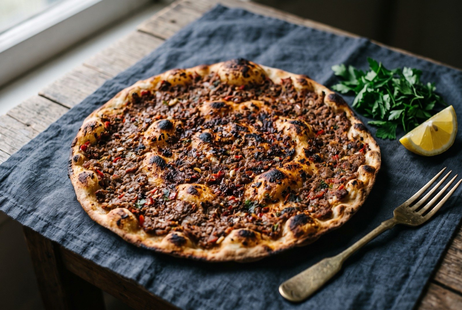 Lahmacun, thin flatbread topped with minced meat and garlic, blistered from a hot oven: a thin round flatbread with a deep reddish brown minced topping spread edge to edge, charred blistered spots across the surface.