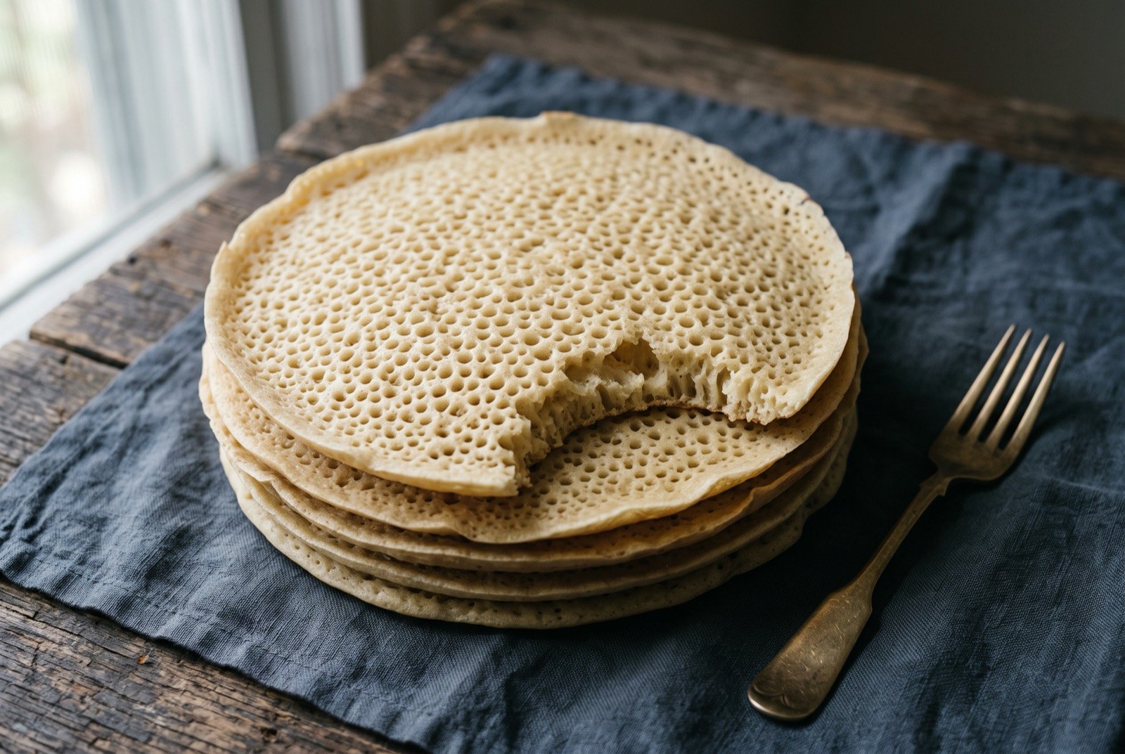 Lahoh, Yemen's fermented flatbread with a bubbled, honeycombed surface: a stack of pale golden spongy flatbreads, the top one facing upward to show its surface densely covered in small even bubble holes.