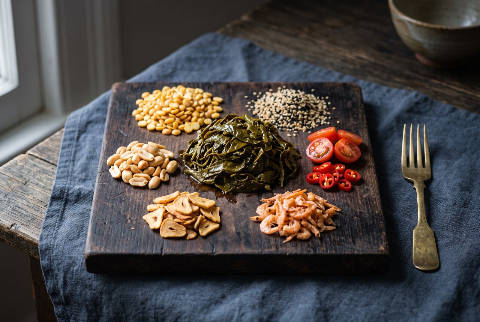 Lahpet thoke, Myanmar's fermented tea leaf salad, dressed at the table with garlic, sesame and dried shrimp: small dark olive-green mounds of glistening fermented tea leaf arranged with separate piles of fried garlic, toasted sesame.