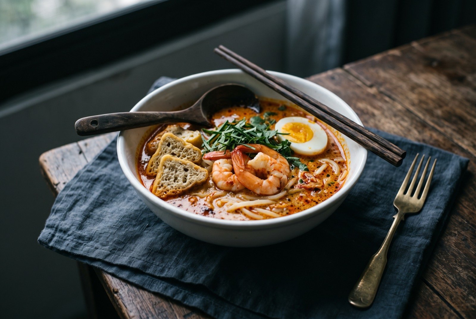 Laksa lemak, curry laksa, coconut broth with rice noodles, prawns and tofu puffs: a deep white bowl of rich orange-red coconut broth, thick rice noodles submerged beneath prawns, a halved boiled egg, triangles of tofu puff and a scattering of laksa leaf.