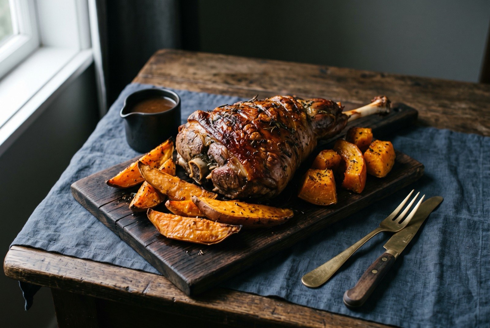 New Zealand lamb Sunday roast, with kumara and pumpkin: a whole roasted lamb leg with a deep brown, glossy crackled crust resting on a dark wooden board, surrounded by soft, caramelised orange kumara wedges and roasted pumpkin pieces.