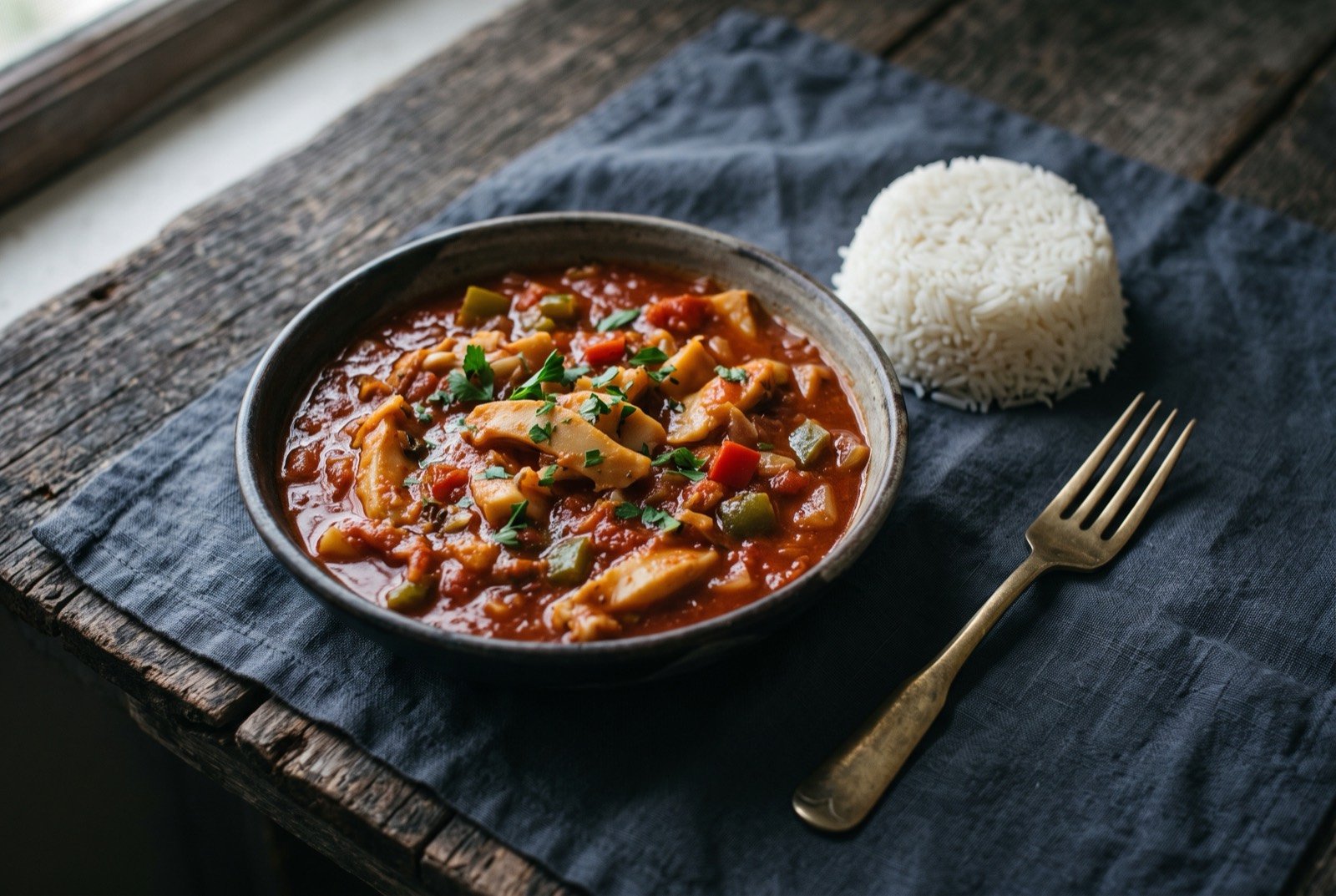 Lambi, conch simmered in a creole sauce: a shallow bowl of thick, deep red tomato based sauce studded with pale sliced conch and flecks of green pepper and herb.