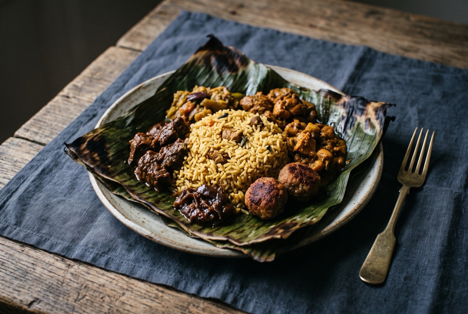 Lamprais, rice and curries baked together inside a sealed banana leaf parcel: a single banana leaf parcel opened flat on a plate, its dark green surface faintly charred at the edges, revealing golden rice studded with spice.