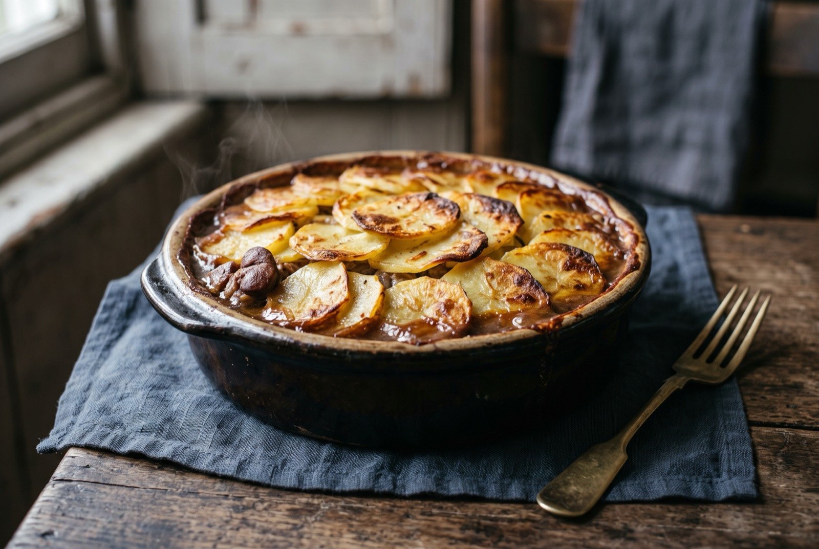 Lancashire hotpot, lamb and potato baked casserole: a deep, straight-sided earthenware hotpot dish with an overlapping crust of thinly sliced potato baked to a deep golden brown and crisped at the edges.