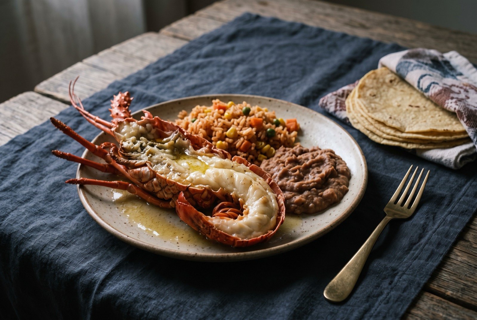 Langosta estilo Puerto Nuevo, whole lobster fried or grilled in butter: a whole split lobster, shell a deep coral red, meat glistening with melted butter, resting in its own half shell on a plate.