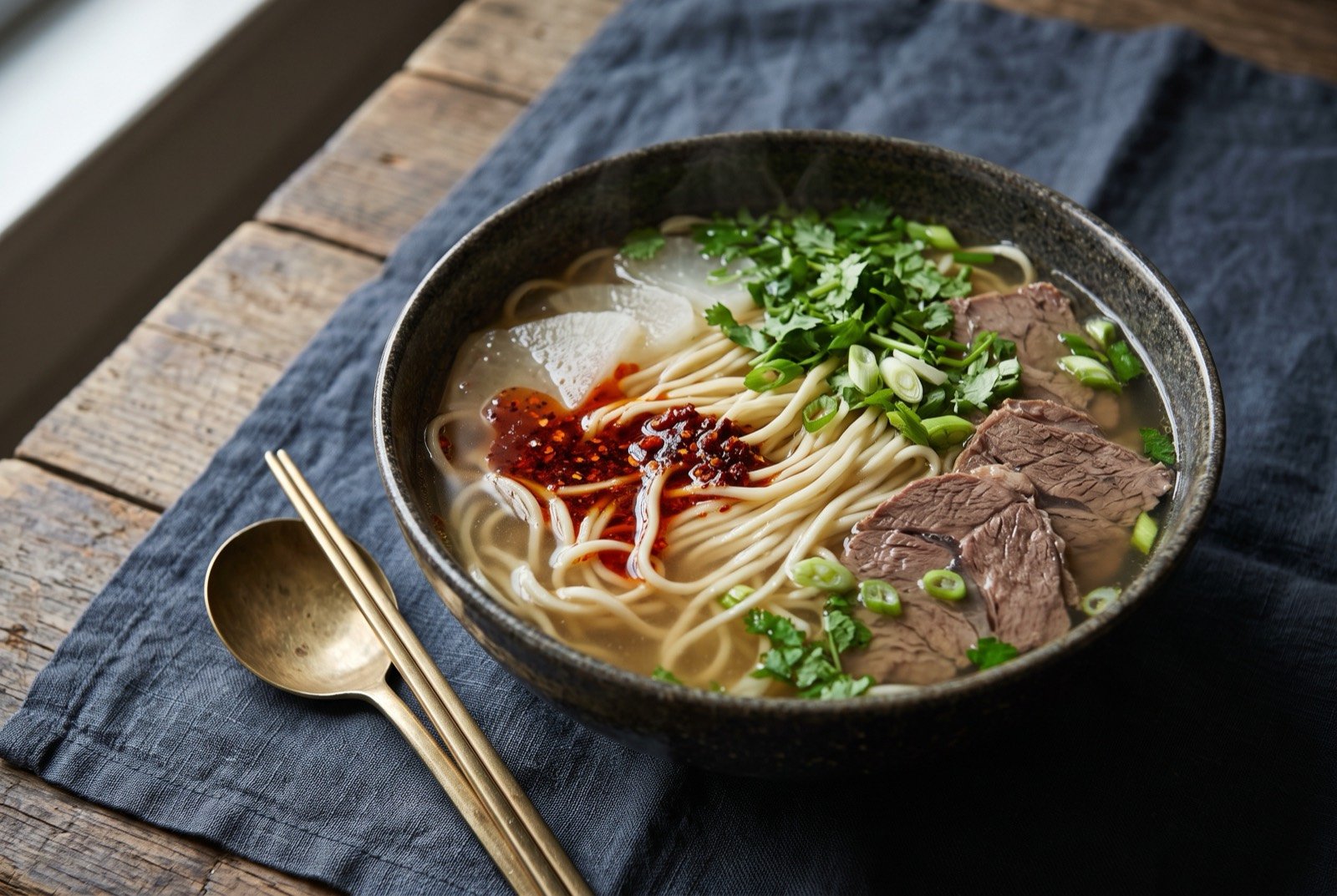 Lanzhou lamian, hand-pulled beef noodle soup: long, thin, hand-pulled white wheat noodles submerged in a clear pale broth, thin white radish slices and a few coriander leaves floating on top.