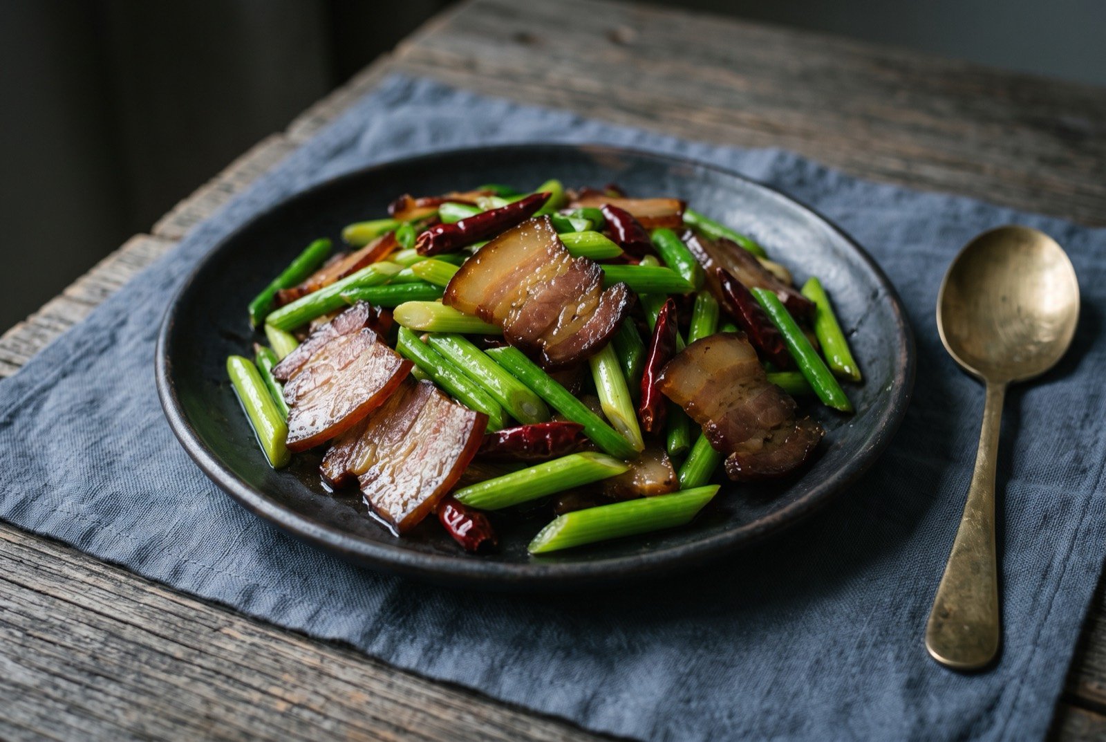 Larou chao suanmiao, smoked Hunan bacon stir-fried with garlic stems: translucent amber edged strips of smoked bacon with a deep mahogany rind, stir-fried among vivid green garlic stems cut on the diagonal.
