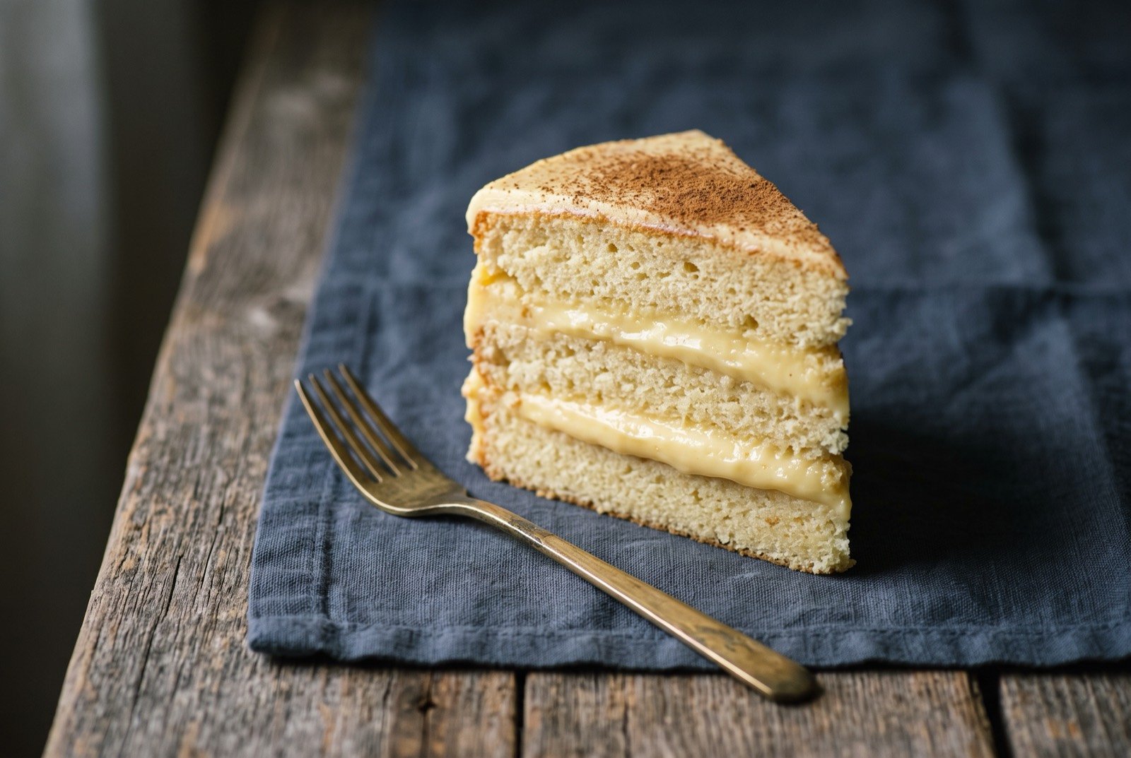 Latiya, Spanish derived vanilla custard spongecake: a single cut slice of pale golden sponge cake standing upright, thick layers of glossy pale yellow custard visible between each layer of sponge.