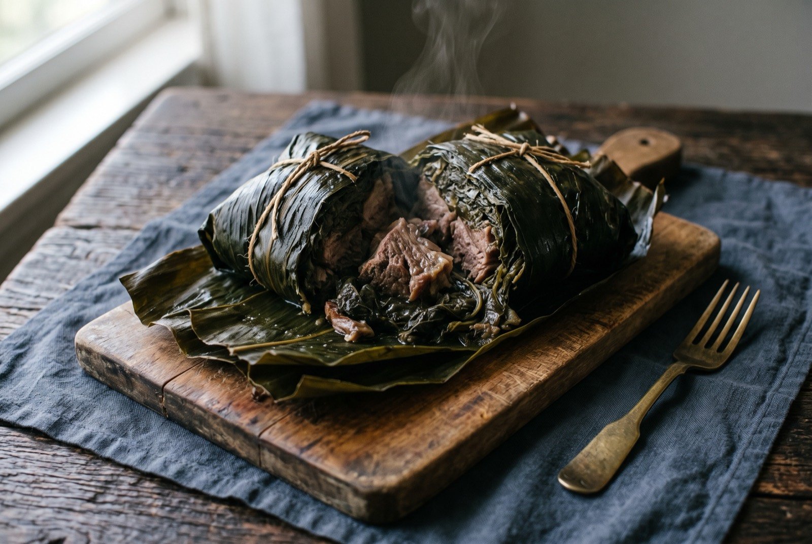 Laulau, pork and taro leaf steamed in a double leaf wrap: a dark green, tightly bound leaf parcel split open on a wooden board to reveal tender pork and soft dark cooked taro leaf inside.