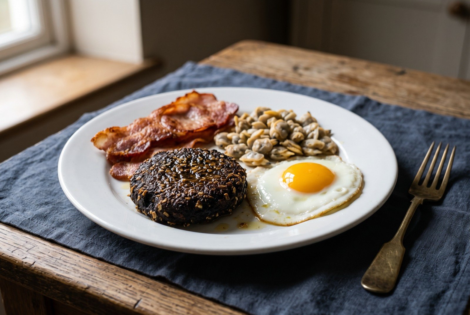 Laverbread, cockles and bacon, the Gower breakfast: a dark, almost black patty of laverbread coated in a thin crust of oatmeal, fried and glistening beside crisp rashers of bacon and a small heap of pale boiled cockles.