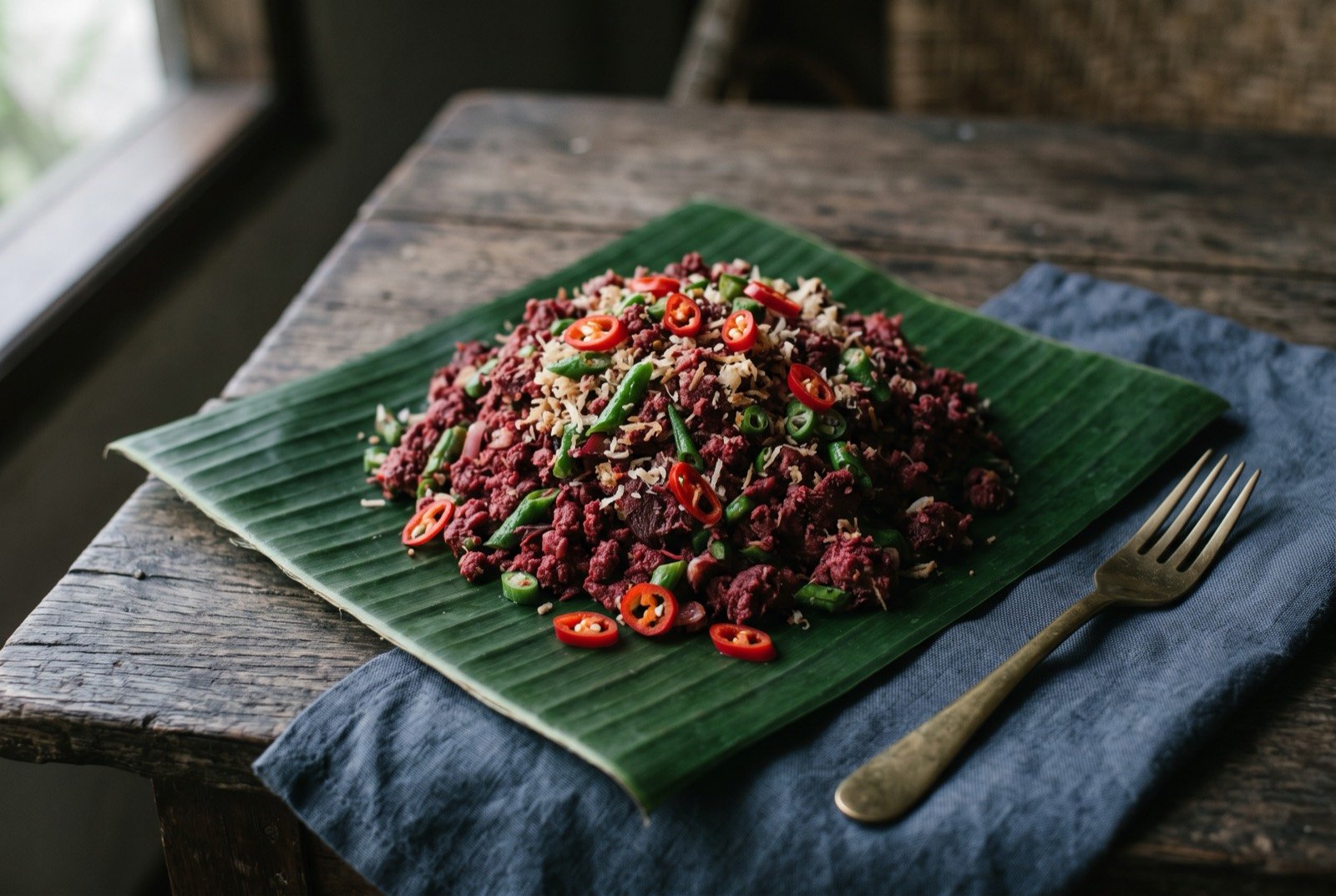 Lawar barak, minced pork and blood ceremonial salad: a loose mound of deep red minced pork lawar on a banana leaf, flecks of pale roasted coconut and sliced green long bean visible throughout.