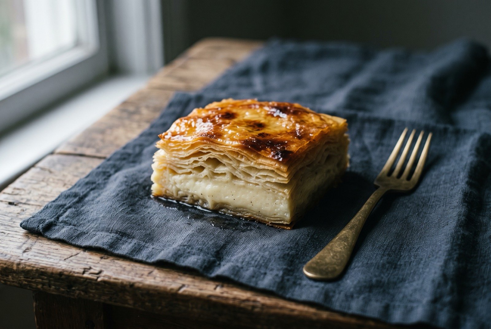 Laz böreği, layered pastry filled with a black pepper spiced custard: a cut square of golden layered pastry, its cross section showing a thick pale custard filling between crisp buttery sheets.