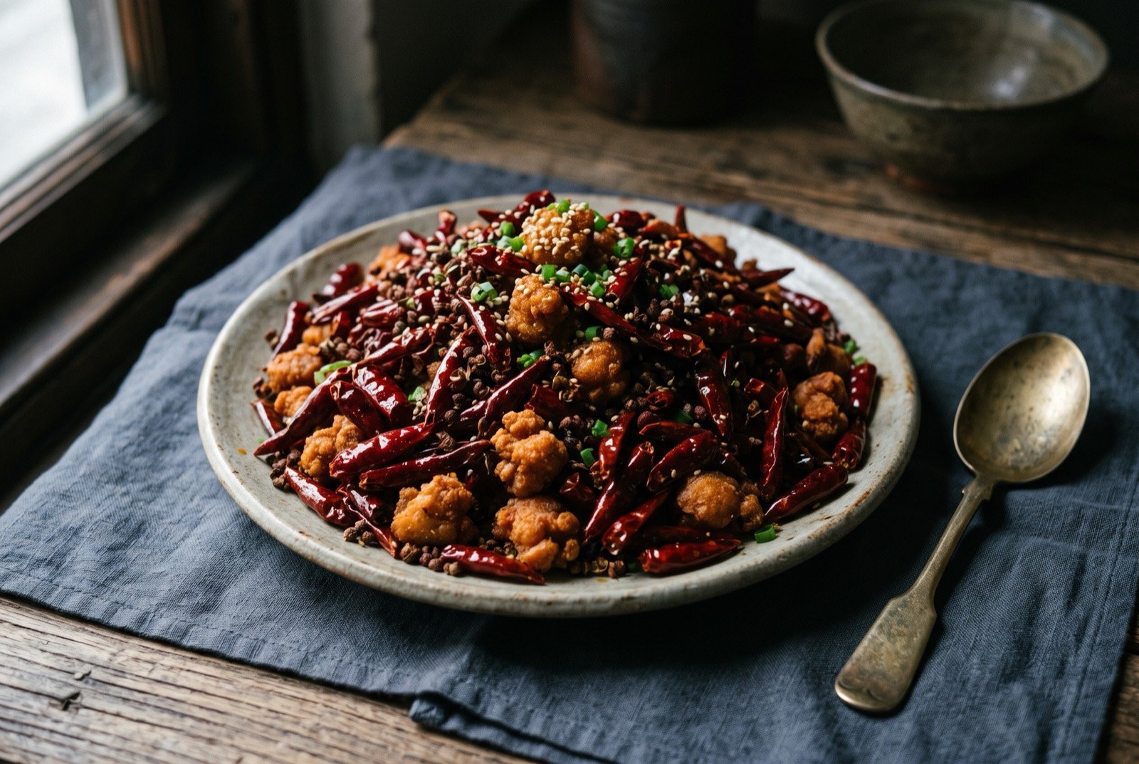 Laziji, deep-fried chicken pieces buried in whole dried chillies: small deep-fried chicken pieces almost entirely buried beneath a heaped mass of glossy dark red dried whole chillies and Sichuan peppercorns.