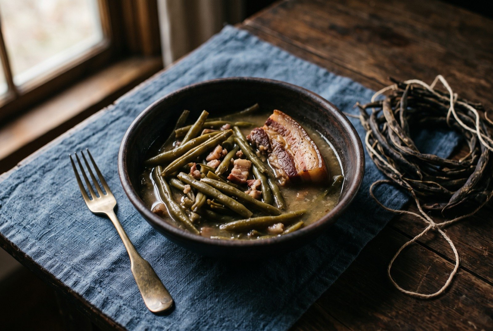 Leather britches, string-dried green beans simmered with fatback: a rustic bowl of dark olive green whole bean pods in a small amount of cloudy pork broth, a piece of fatback resting among them.