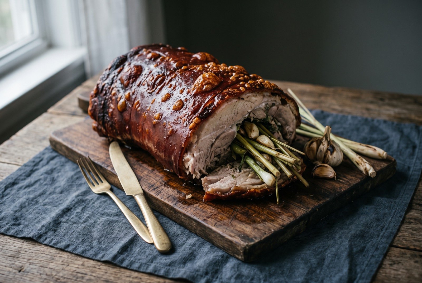 Lechon, a section of whole roast pig with deeply crackled skin, stuffed with lemongrass and garlic: a large section of whole roasted pig on a wooden board, the skin a deep glossy mahogany brown and visibly blistered and crackled.